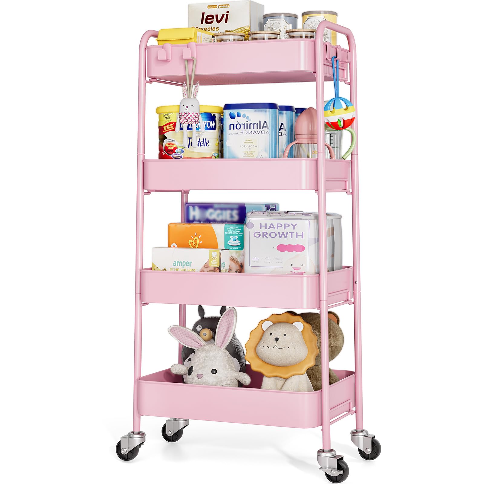 TOOLF 3-Tier Rolling Cart - Metal Utility Storage Organizer with Lockable Wheels, 33 lbs Per Shelf, Tool-Free 5-Min Assembly, for Kitchen Bathroom Office Nursery Craft Room, White