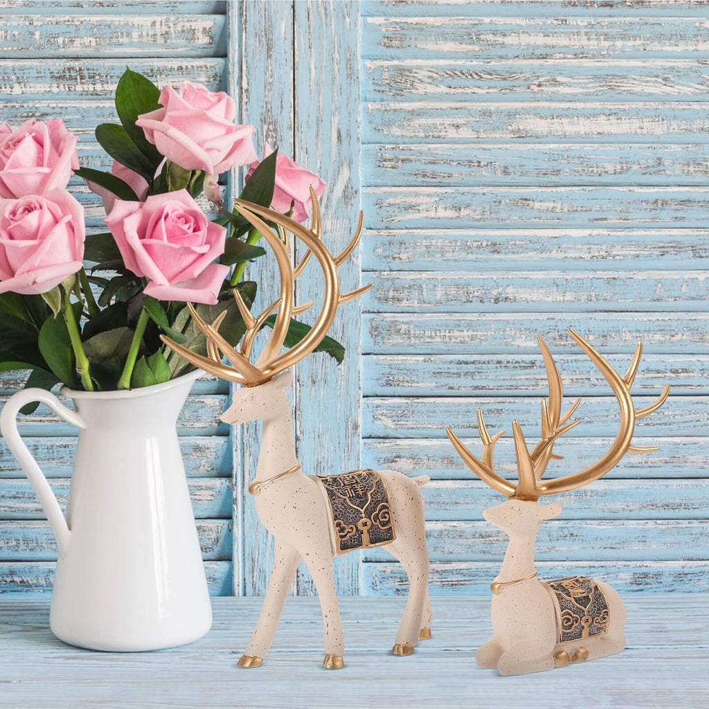 Sewroro Resin Deer Figurines Pair, Sika Deer Home Decor Ornaments, Creative Desktop Resin Craft for Living Room and Study Table Decoration
