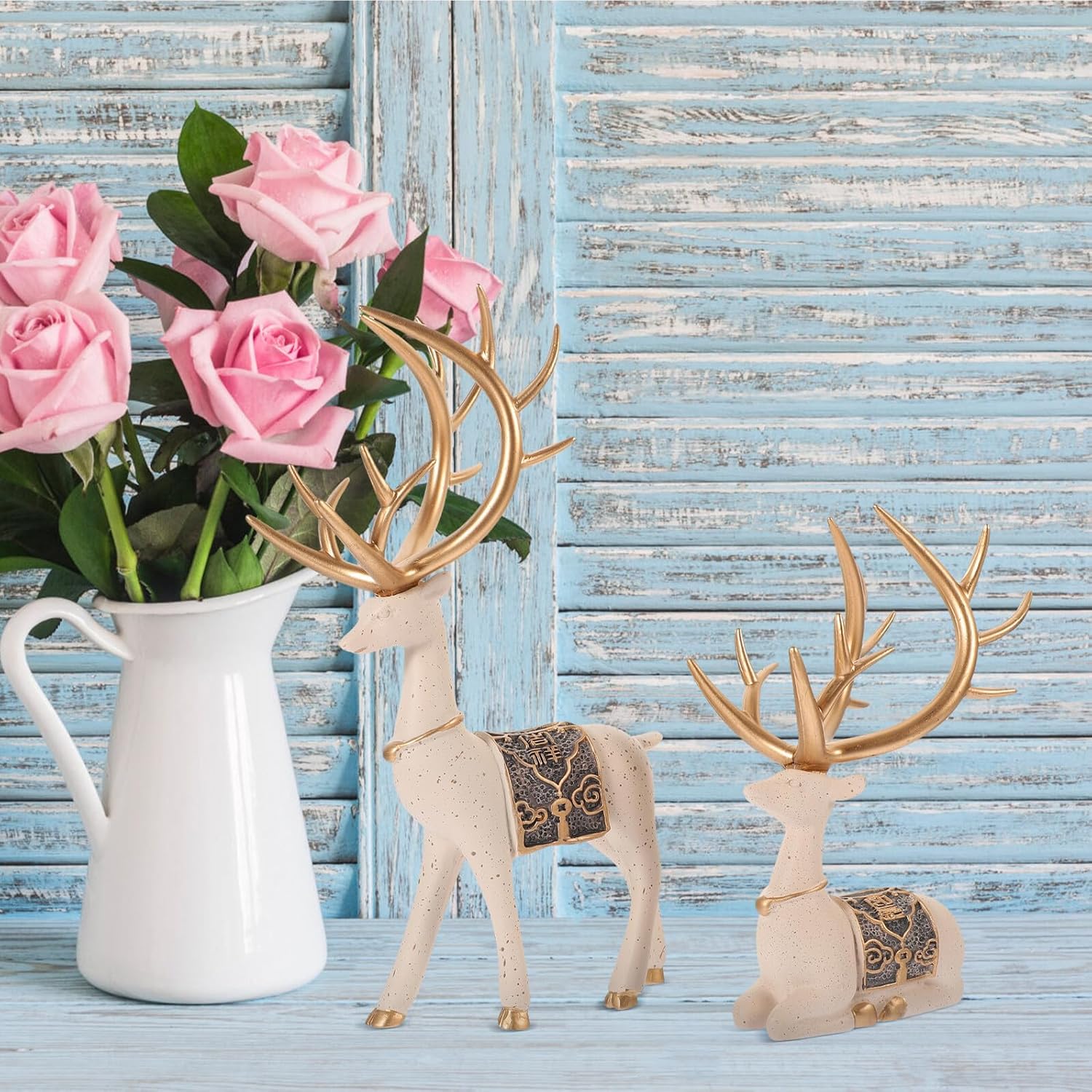 Sewroro Resin Deer Figurines Pair, Sika Deer Home Decor Ornaments, Creative Desktop Resin Craft for Living Room and Study Table Decoration