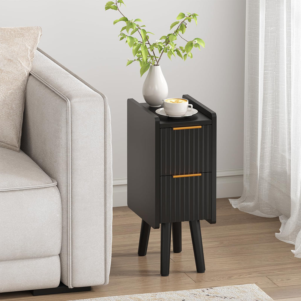 ELYKEN 7.9" Narrow Side Table, 20.6" H Fluted Nightstand with Drawers, Wooden Small End Table for Small Spaces, Modern Skinny Bedside Table, Slim Nightstand for Bedroom, Black