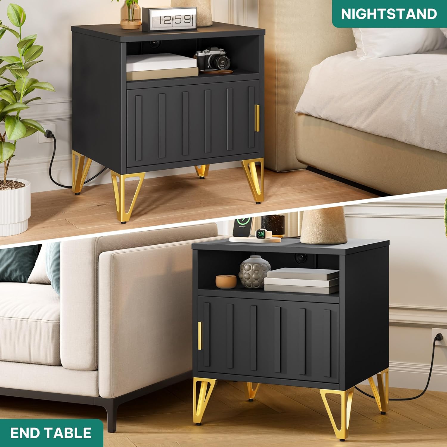 YITAHOME Night Stand Set 2, Fluted Nightstand with Charging Station, Metal Bedside Table with Storage Shelf, Modern End Tables for Bedroom Sofa Couch, Black