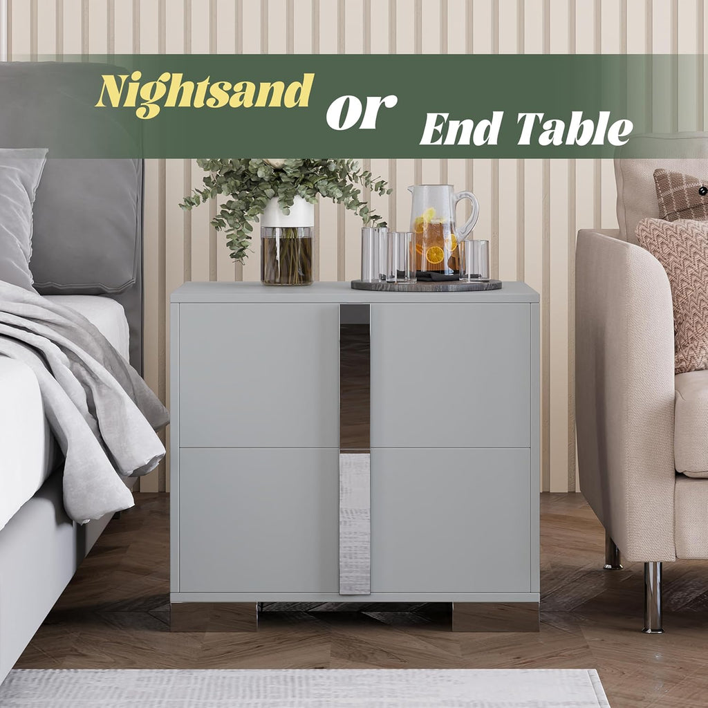 Linique Modern Nightstand with Metal Handle and Base, 2 Drawers Bed Side Table, Wooden End Table for Living Room, Grey