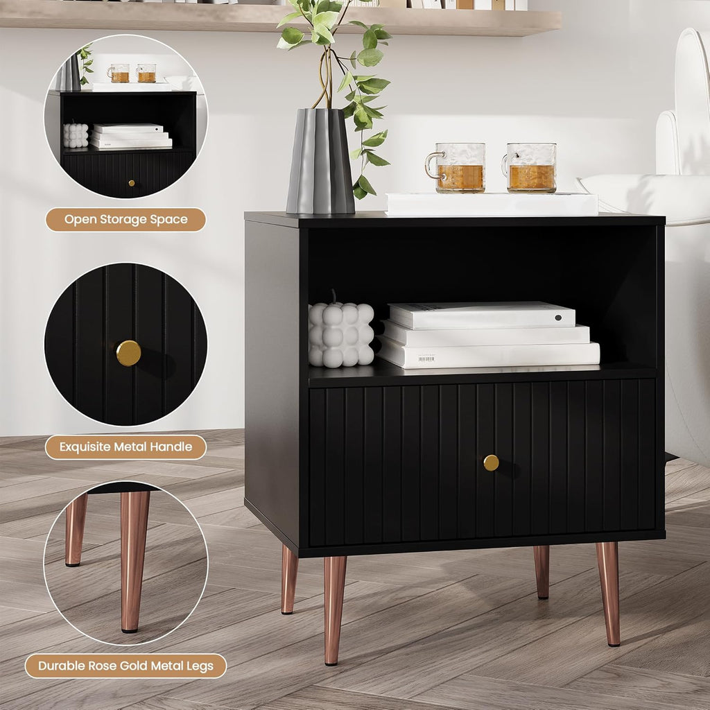 Black Nightstands Set of 2,Modern Bedside Table with Door and Open Storage,Fluted Nightstand and Wood End Side Table with Rose Gold Metal Legs and Handles for Bedroom,Living Room,Black