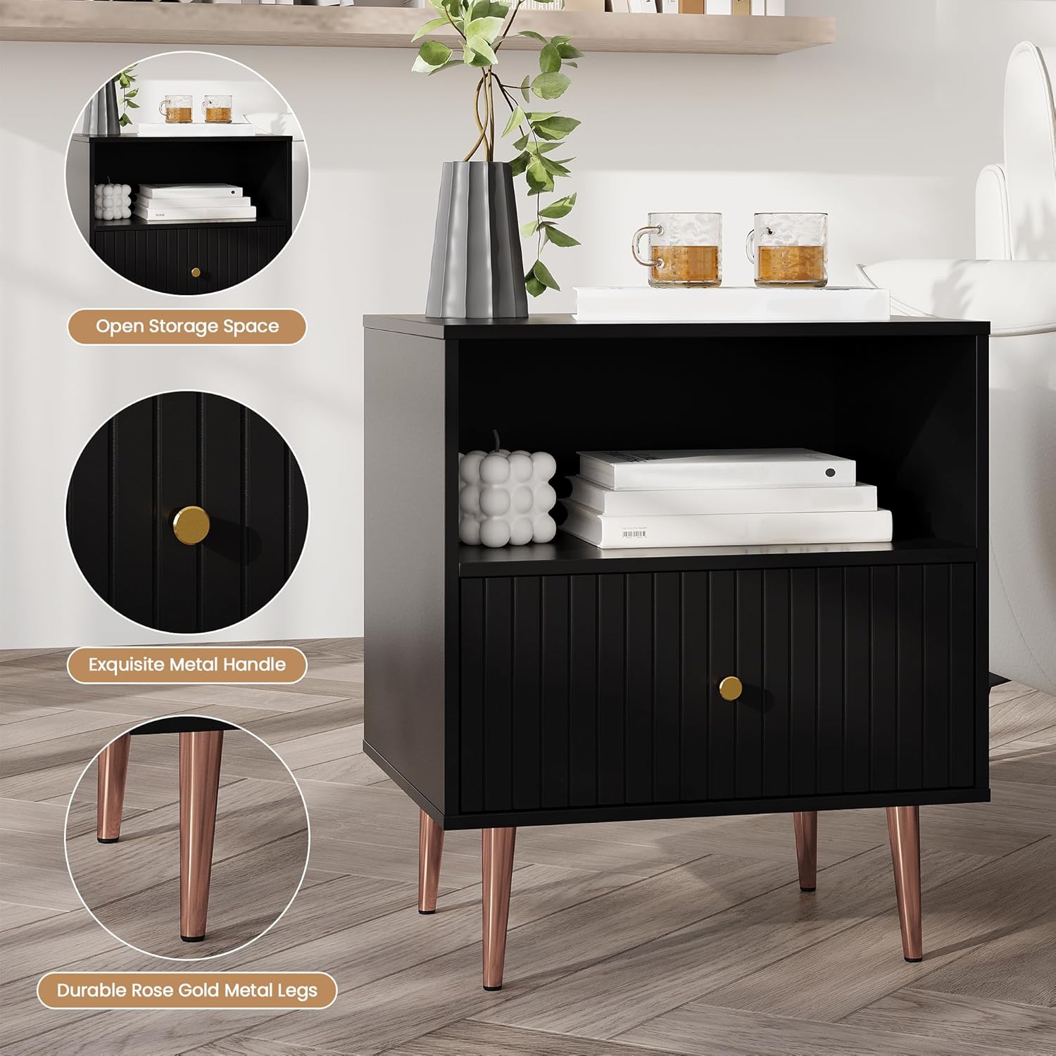 Black Nightstands Set of 2,Modern Bedside Table with Door and Open Storage,Fluted Nightstand and Wood End Side Table with Rose Gold Metal Legs and Handles for Bedroom,Living Room,Black