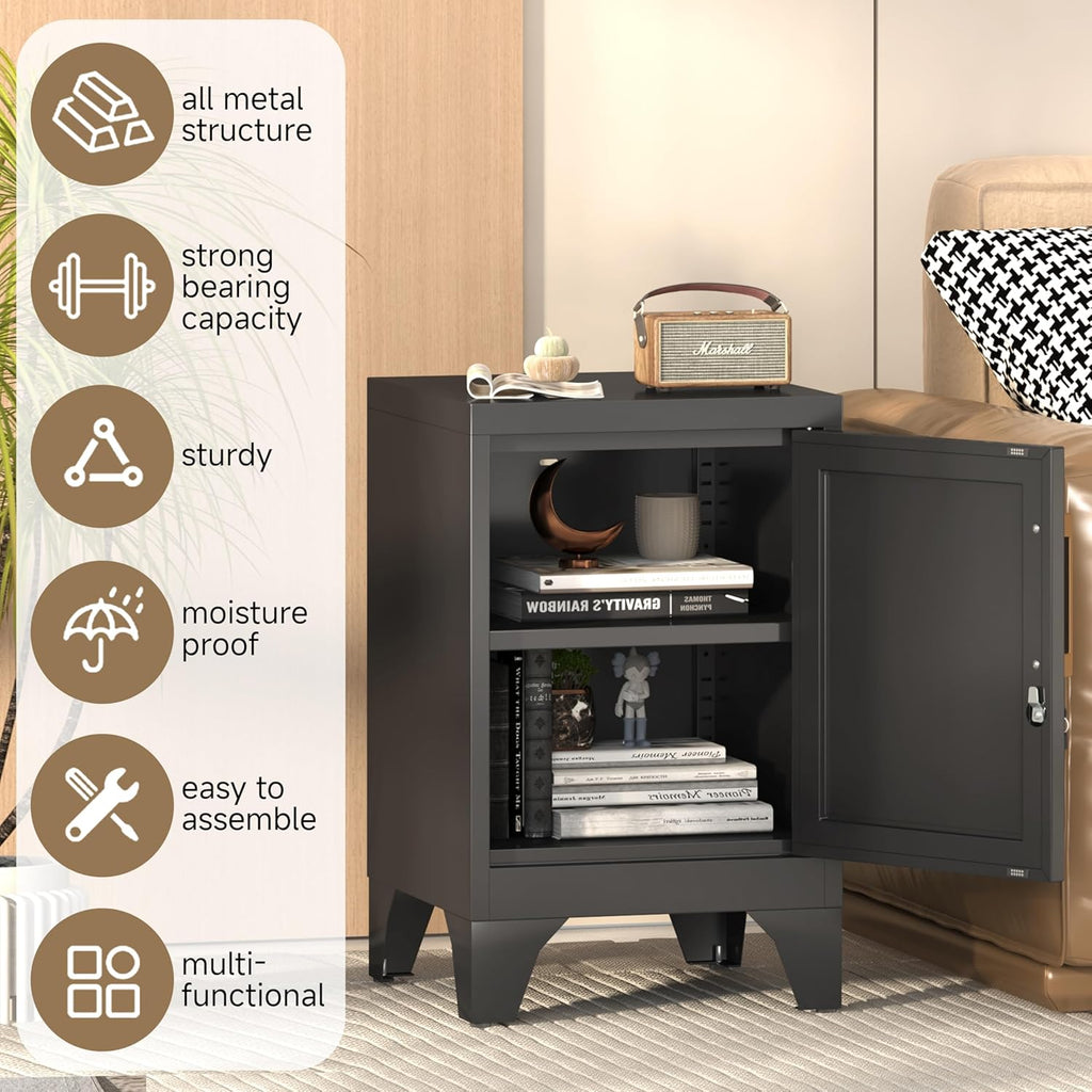 Metal Locker Nightstand,Modern End Table with Storage Nighstands with Adjustable Shelf,Feet Bedside Tables,2-Tier Night Stand Easy Assembly for Home,Office,Garage,School-Black