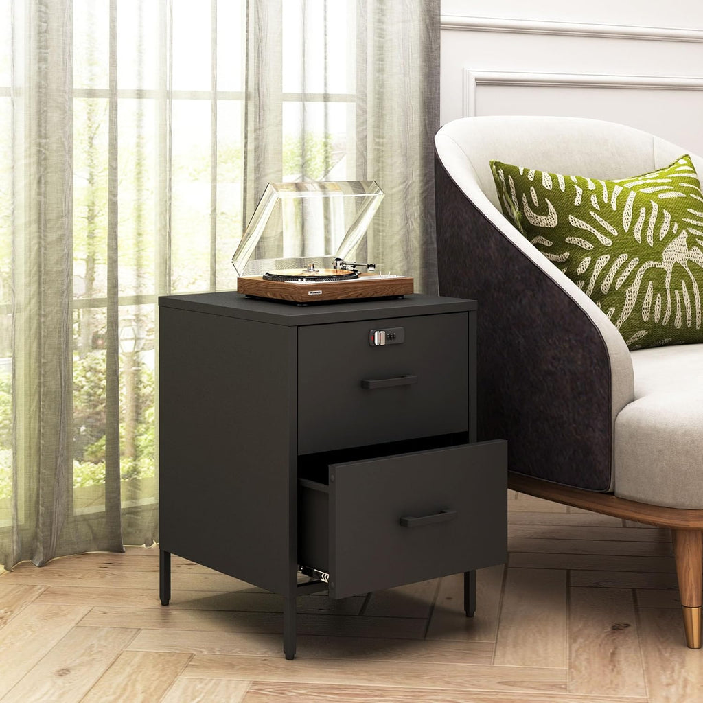 Steehoom Metal Nightstand,2 Drawer End Side Table Lockable Modern Locker Storage Cabinet for Living Room, Bedroom, Dorm, 21.26”H X 15.75”W X 15.75”D (2 Drawer, Black)