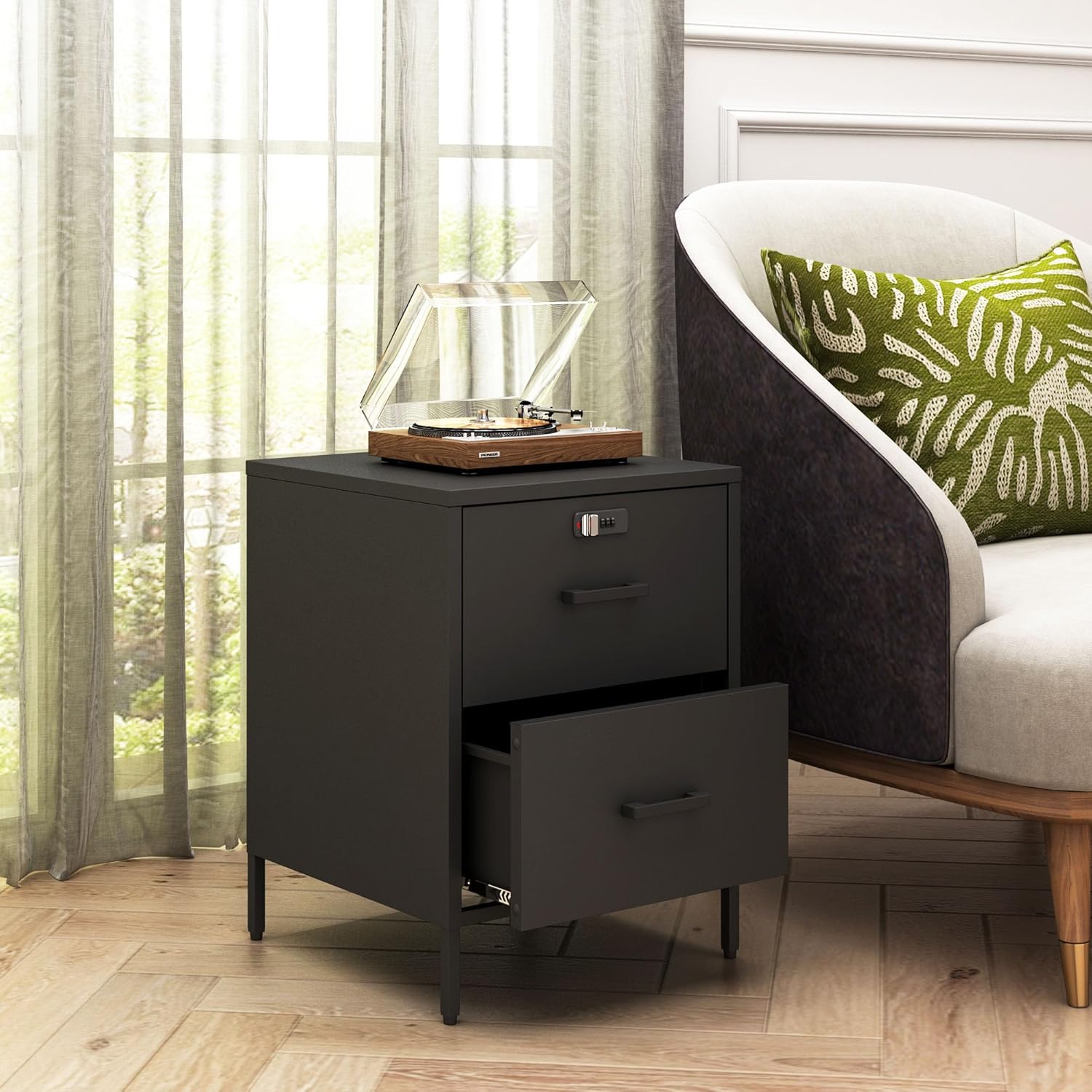 Steehoom Metal Nightstand,2 Drawer End Side Table Lockable Modern Locker Storage Cabinet for Living Room, Bedroom, Dorm, 21.26”H X 15.75”W X 15.75”D (2 Drawer, Black)