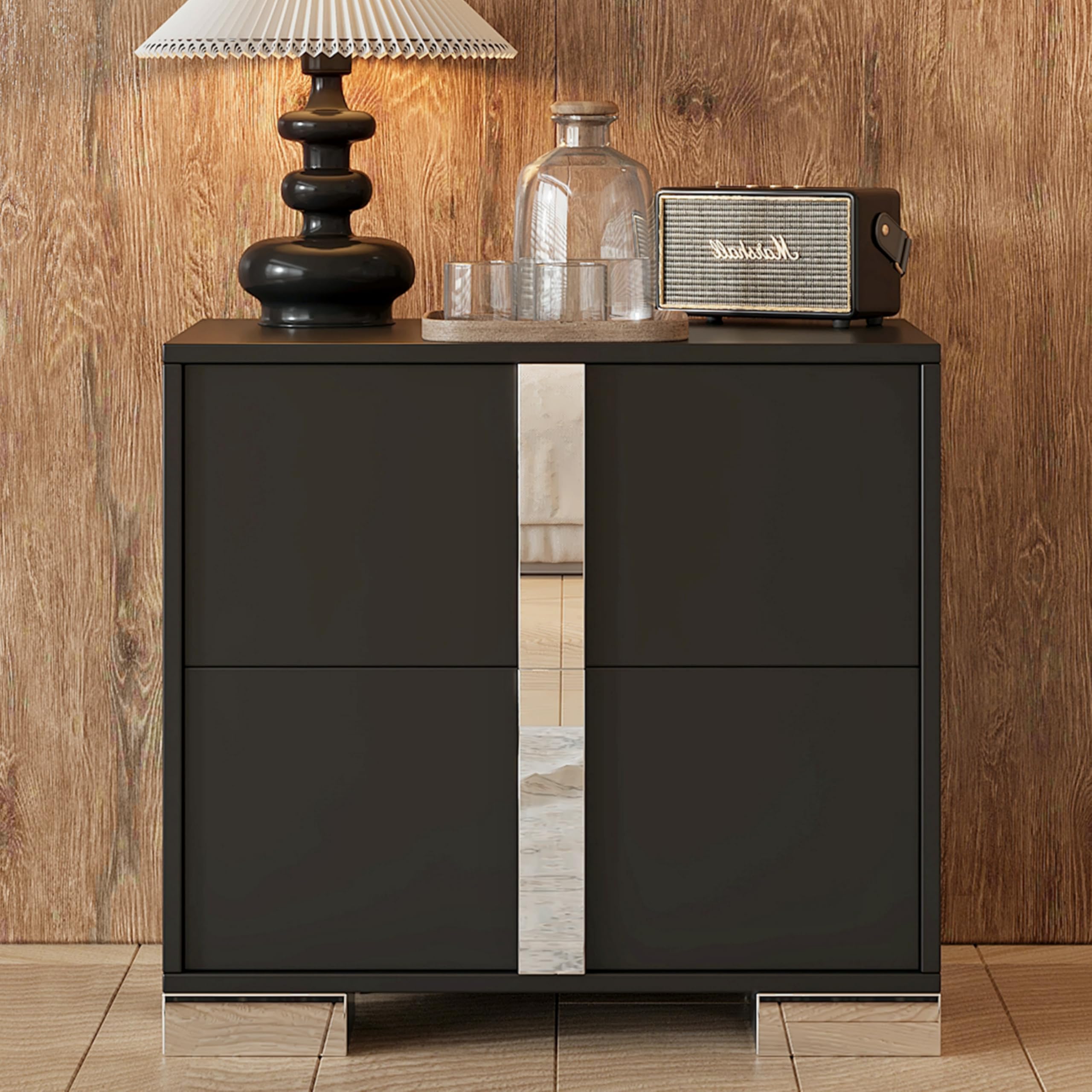 Linique Modern Nightstand with Metal Handle and Base, 2 Drawers Bed Side Table, Wooden End Table for Living Room, Grey