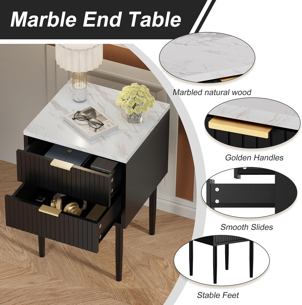 UEV Black Nightstand Set of 2 for Bedroom,Modern Two Drawers Nightstand with Gold Handles & Faux Marble Top,Tall Accent Side Table