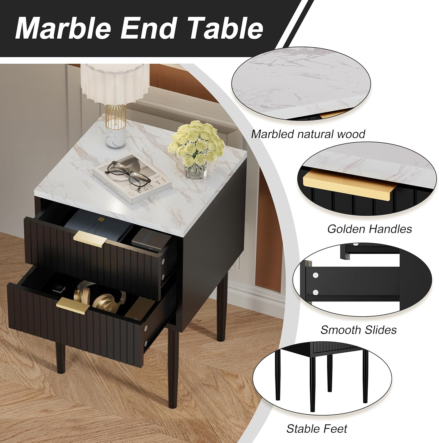 UEV Black Nightstand Set of 2 for Bedroom,Modern Two Drawers Nightstand with Gold Handles & Faux Marble Top,Tall Accent Side Table