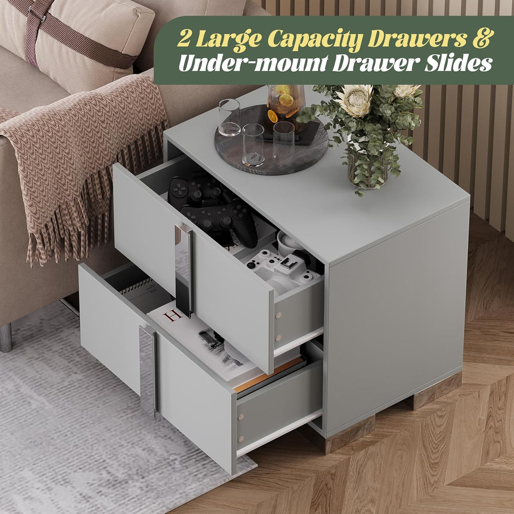 Linique Modern Nightstand with Metal Handle and Base, 2 Drawers Bed Side Table, Wooden End Table for Living Room, Grey