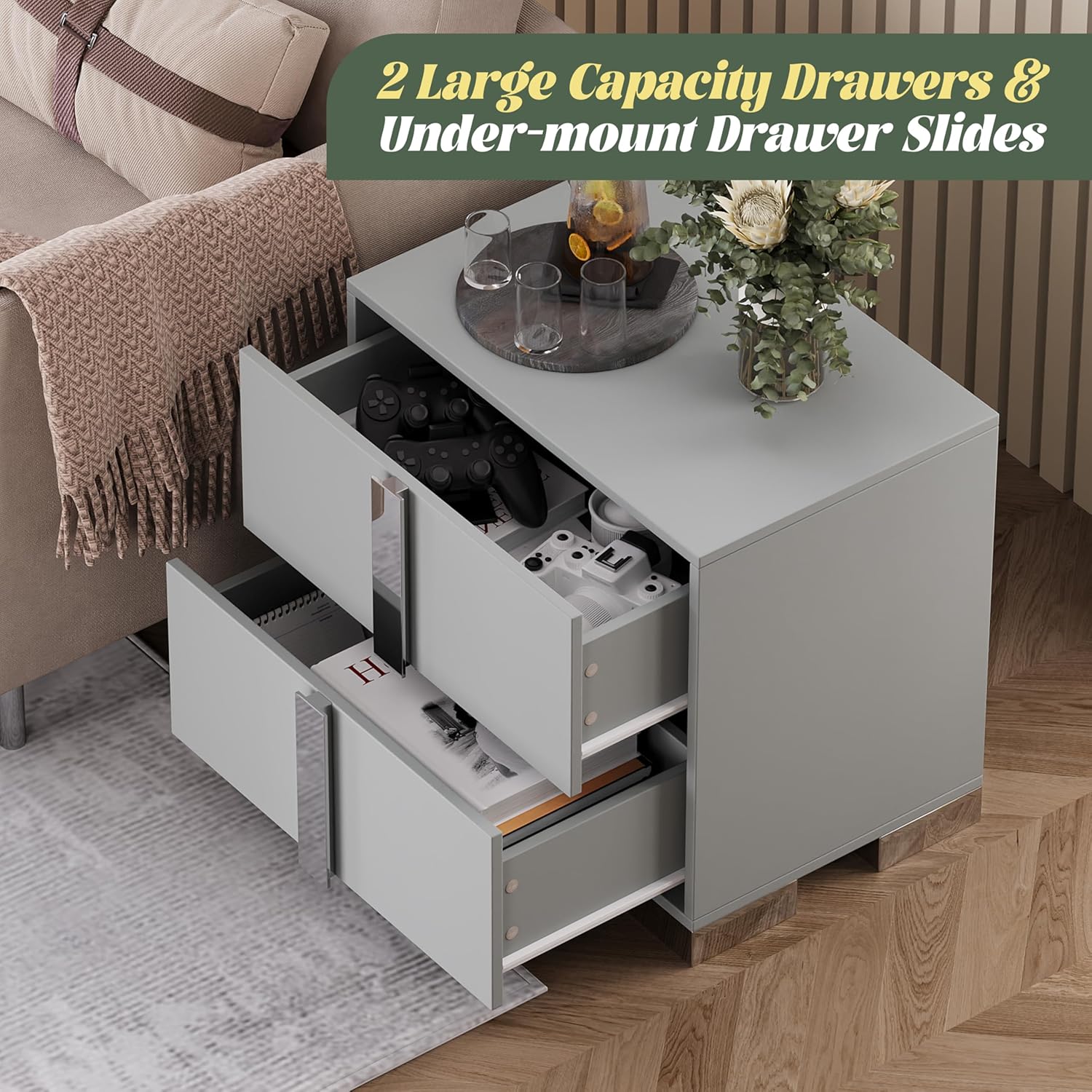 Linique Modern Nightstand with Metal Handle and Base, 2 Drawers Bed Side Table, Wooden End Table for Living Room, Grey