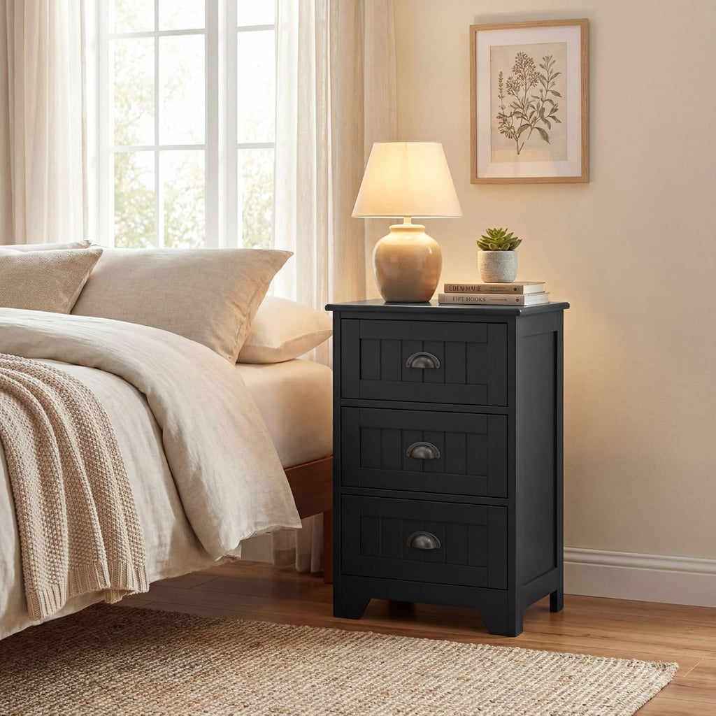 Giantex Nightstand with 3 Drawers, Bedside Table with Exquisite Metal Handles, Accent Table Sofa Side Table with Anti-toppling Device for Bedroom, Study, Black