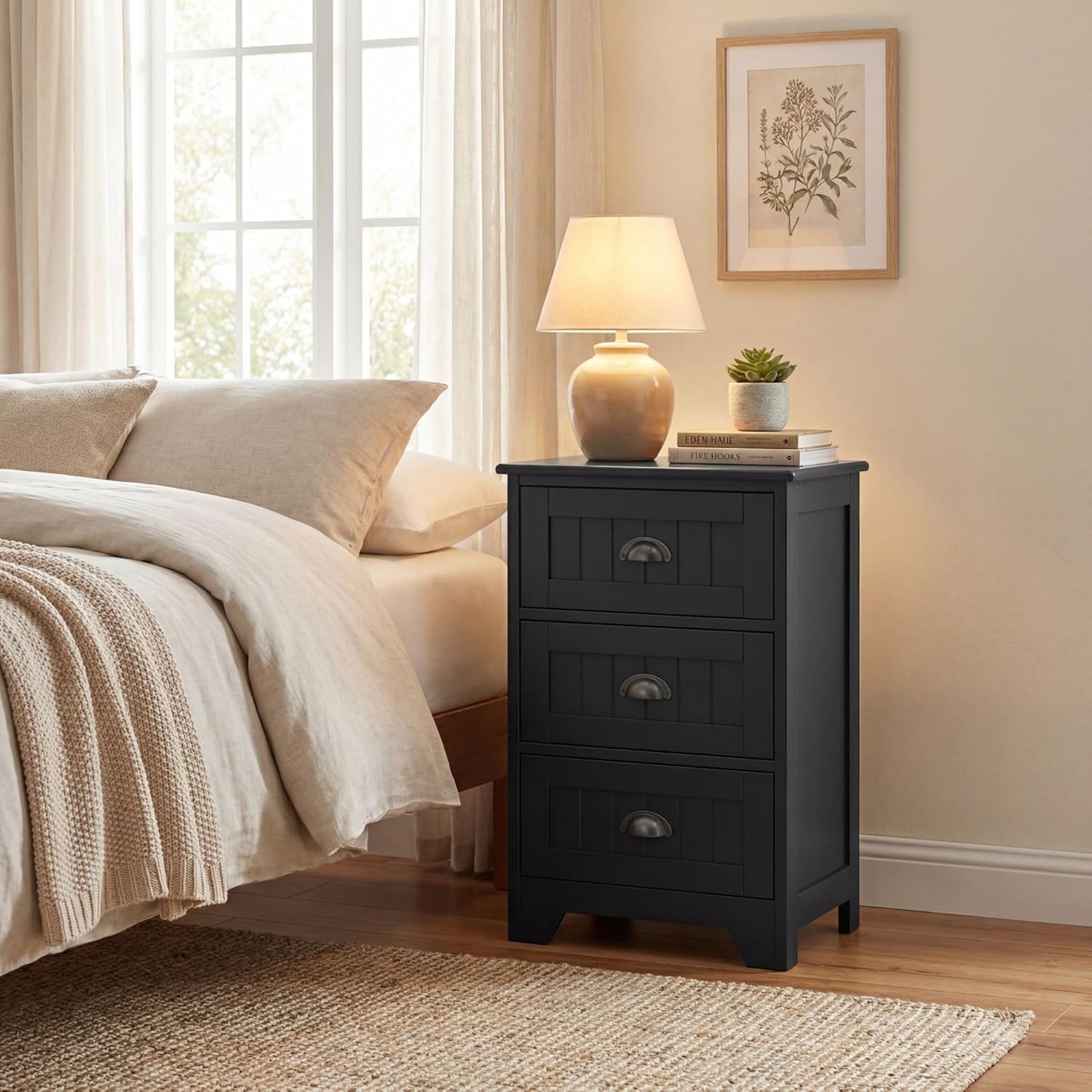 Giantex Nightstand with 3 Drawers, Bedside Table with Exquisite Metal Handles, Accent Table Sofa Side Table with Anti-toppling Device for Bedroom, Study, Black