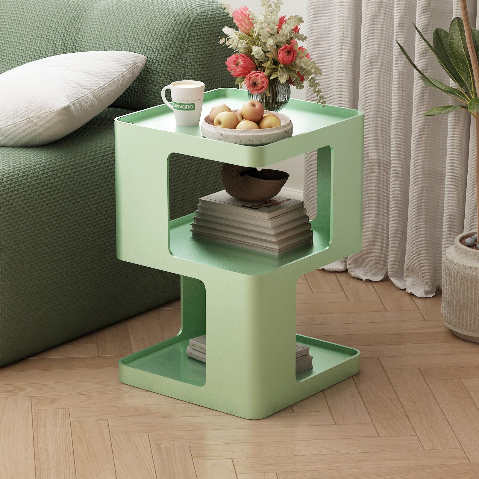 2-Tier Black Metal Side Table, Square Accent Nightstand for Bedroom Living Room