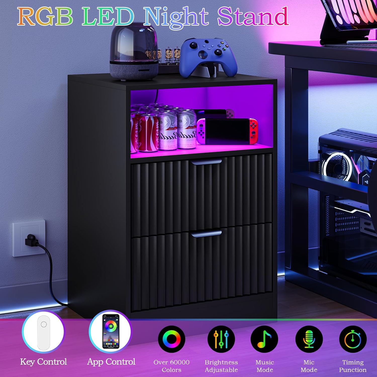 2-Pack Black Fluted Nightstand, LED Side Table with Charging Station for Bedroom