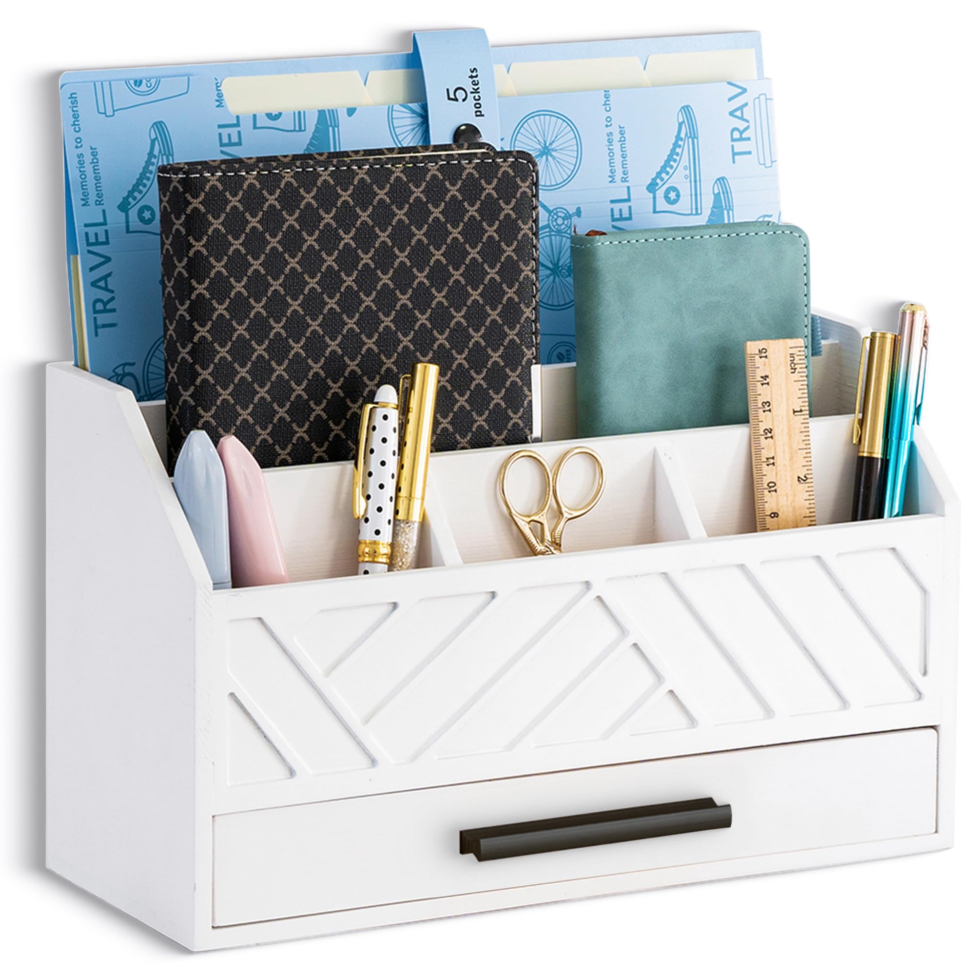 dreampossible Brown Wood Desk Organizer and Accessories with Drawer, Bill Mail Organizer and File Mail Holder for Office Supplies, Modern Desk Accessories & Workspace Organizers for Desk Organization