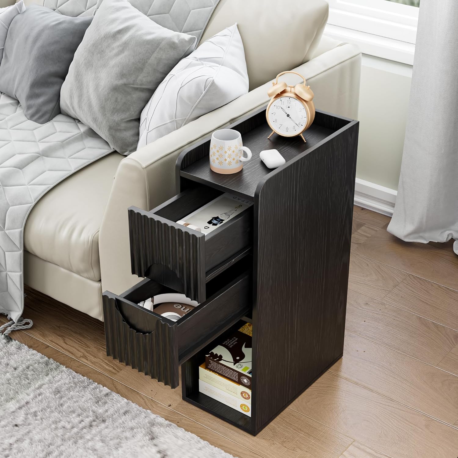 Black Narrow Nightstand, Fluted Small 2 Drawer Nightstand, Slim Side End Table, Wooden Vintage Bedside Table, Mid Century Modern Night Stand, Bedroom, Wood, 1 Pc