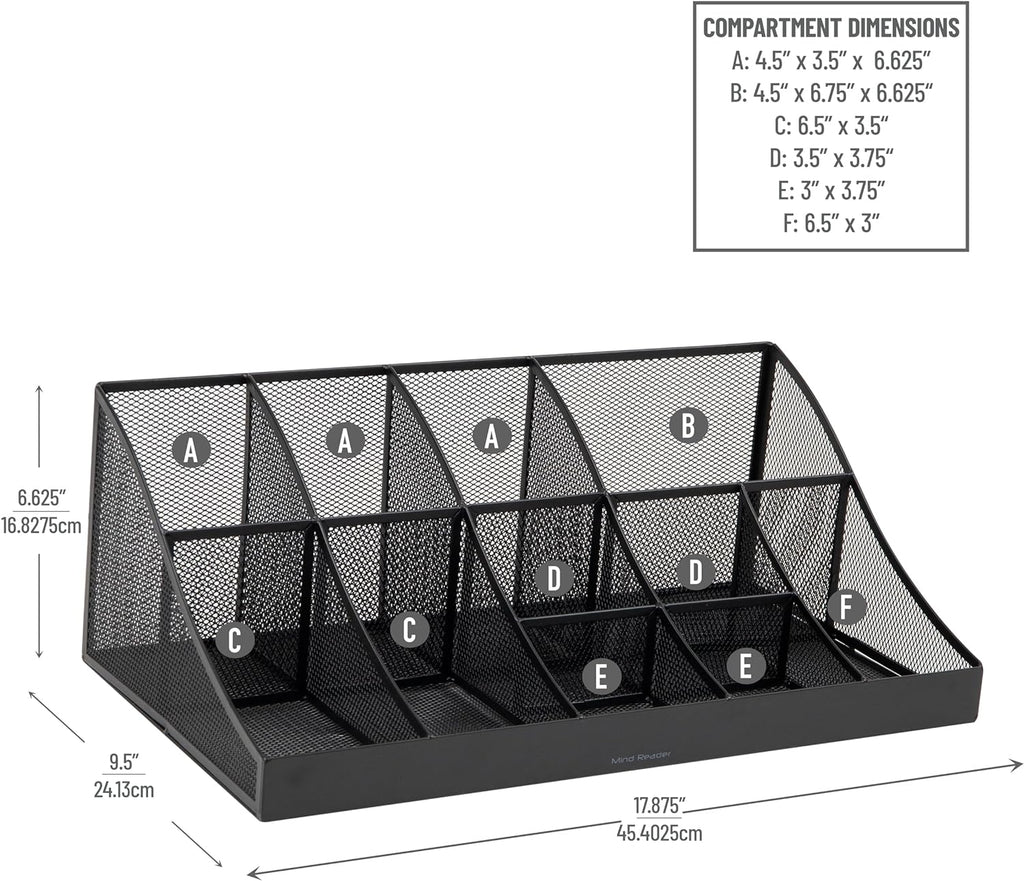 Mind Reader Countertop Organizer, 2 Tier Mesh Storage Caddy with 11 Compartments for Office Supplies, Breakroom Essentials, and Snacks