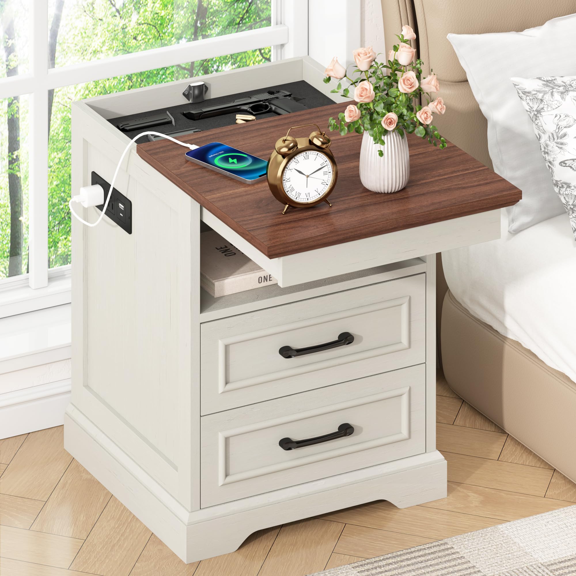 Gadroad 18" Farmhouse Accent Nightstand with Charging Station, End Table with 3 Drawers Storage, Side Table, Bedside Cabinet for LivingRoom Bedroom Office, Black
