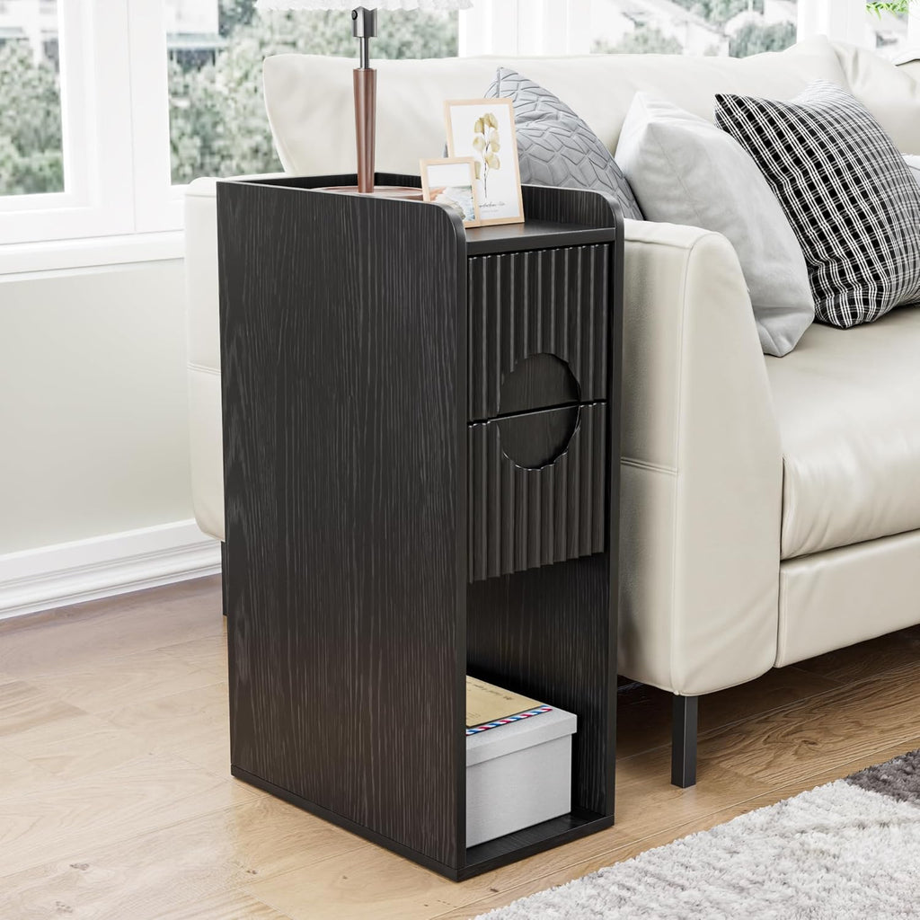 Black Narrow Nightstand, Fluted Small 2 Drawer Nightstand, Slim Side End Table, Wooden Vintage Bedside Table, Mid Century Modern Night Stand, Bedroom, Wood, 1 Pc