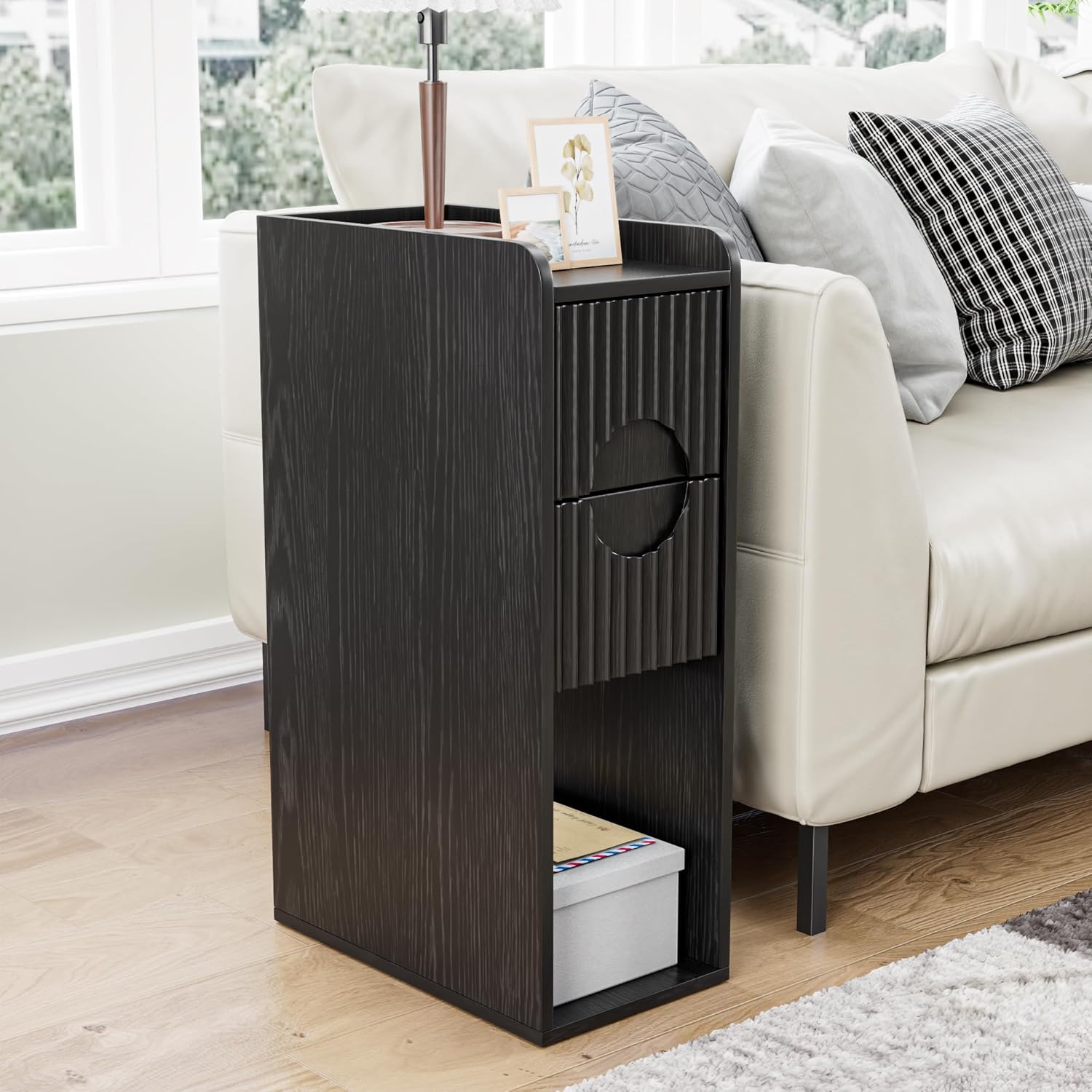 Black Narrow Nightstand, Fluted Small 2 Drawer Nightstand, Slim Side End Table, Wooden Vintage Bedside Table, Mid Century Modern Night Stand, Bedroom, Wood, 1 Pc