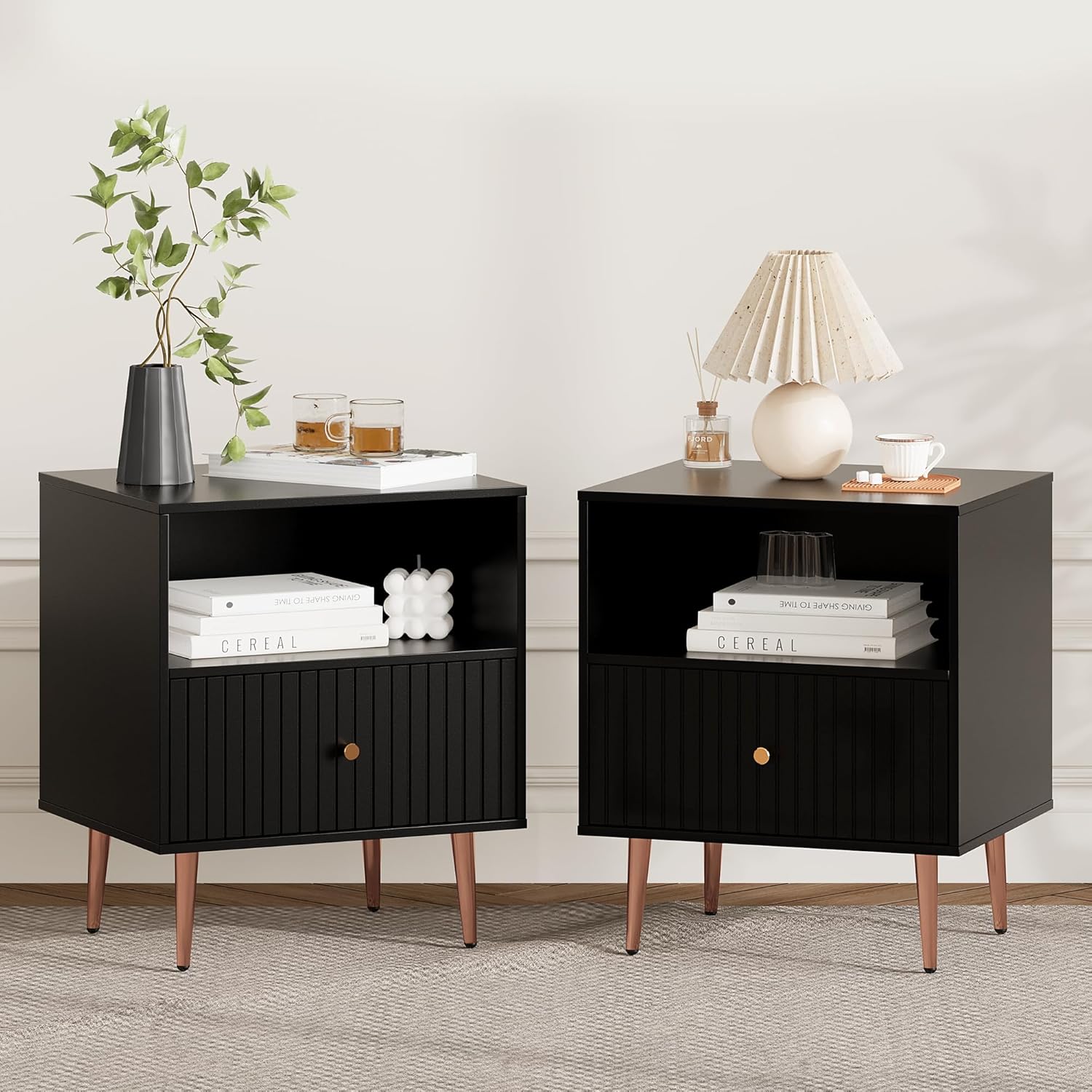 Black Nightstands Set of 2,Modern Bedside Table with Door and Open Storage,Fluted Nightstand and Wood End Side Table with Rose Gold Metal Legs and Handles for Bedroom,Living Room,Black