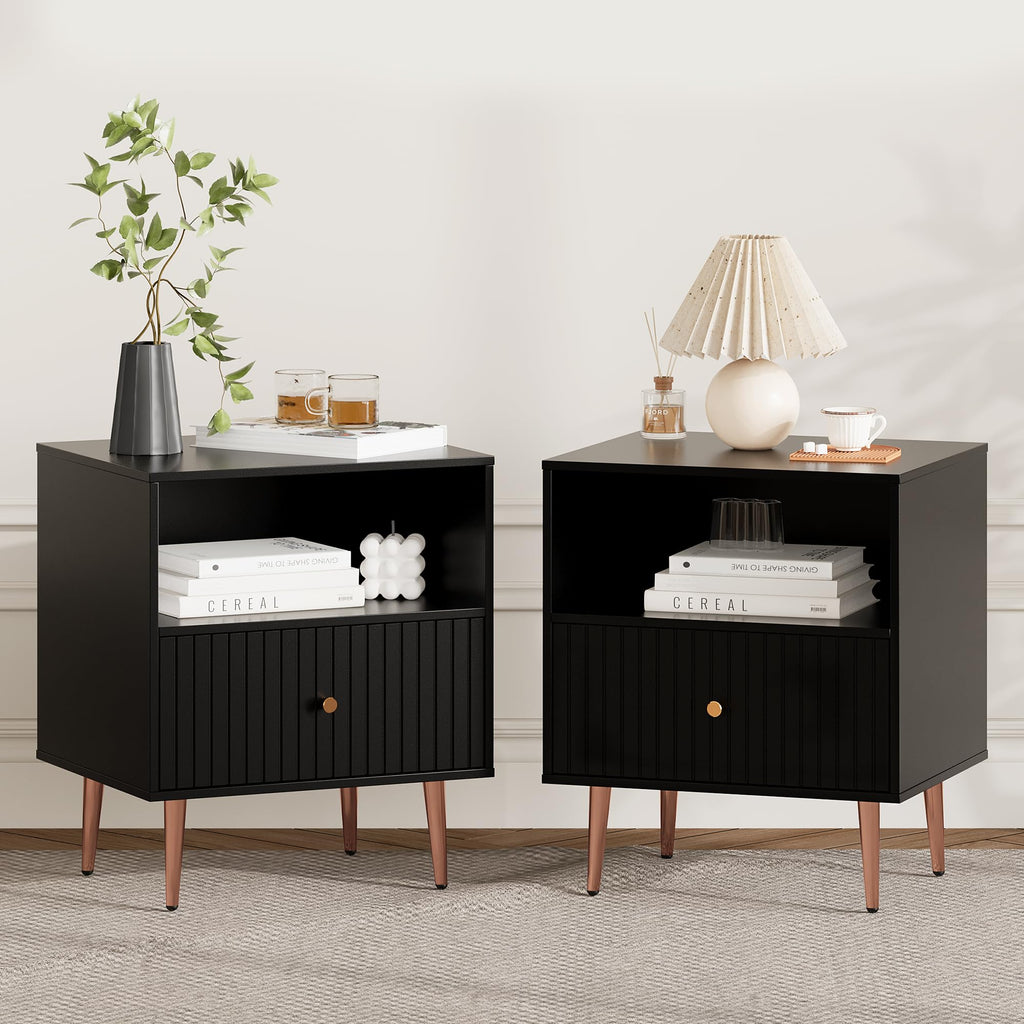 Black Nightstands Set of 2,Modern Bedside Table with Door and Open Storage,Fluted Nightstand and Wood End Side Table with Rose Gold Metal Legs and Handles for Bedroom,Living Room,Black