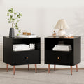 Black Nightstands Set of 2,Modern Bedside Table with Door and Open Storage,Fluted Nightstand and Wood End Side Table with Rose Gold Metal Legs and Handles for Bedroom,Living Room,Black