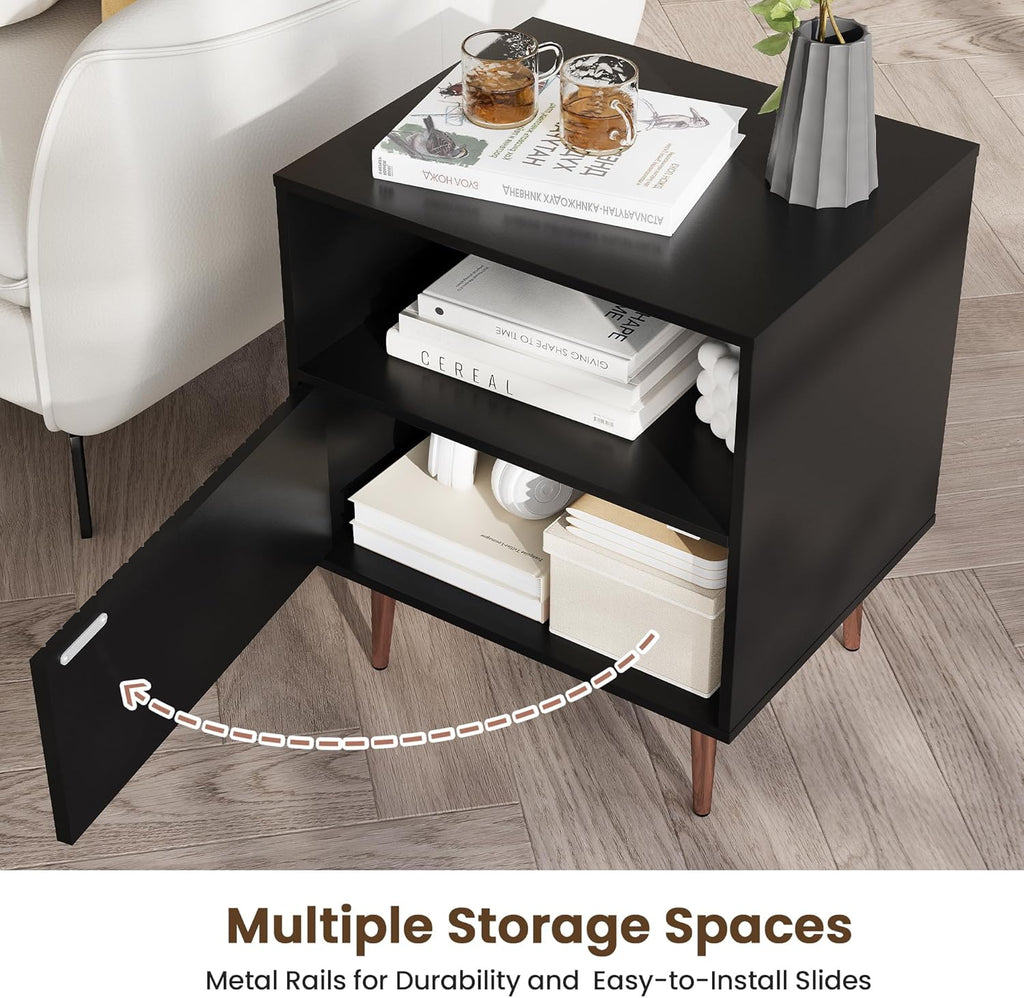 Black Nightstands Set of 2,Modern Bedside Table with Door and Open Storage,Fluted Nightstand and Wood End Side Table with Rose Gold Metal Legs and Handles for Bedroom,Living Room,Black