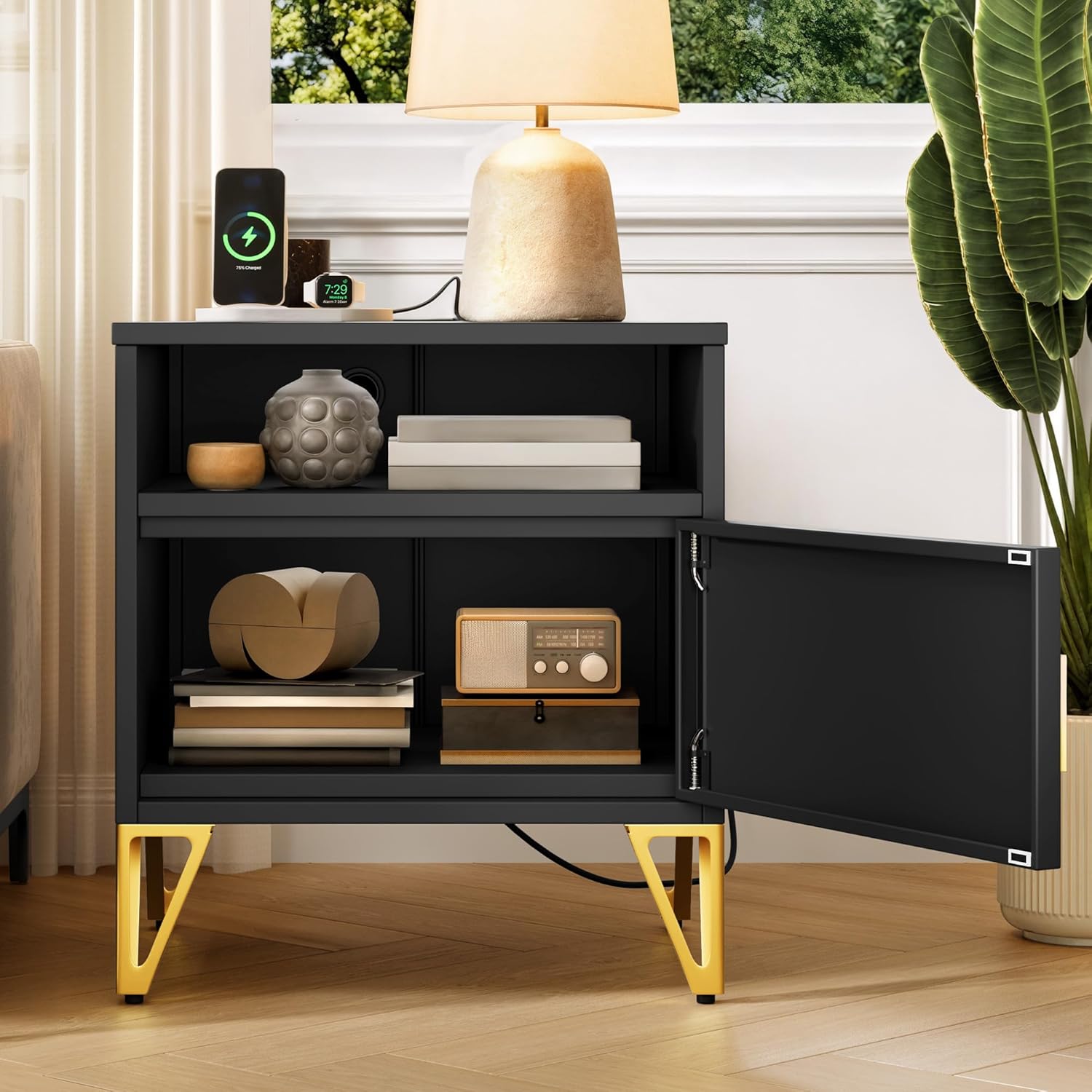 YITAHOME Night Stand Set 2, Fluted Nightstand with Charging Station, Metal Bedside Table with Storage Shelf, Modern End Tables for Bedroom Sofa Couch, Black