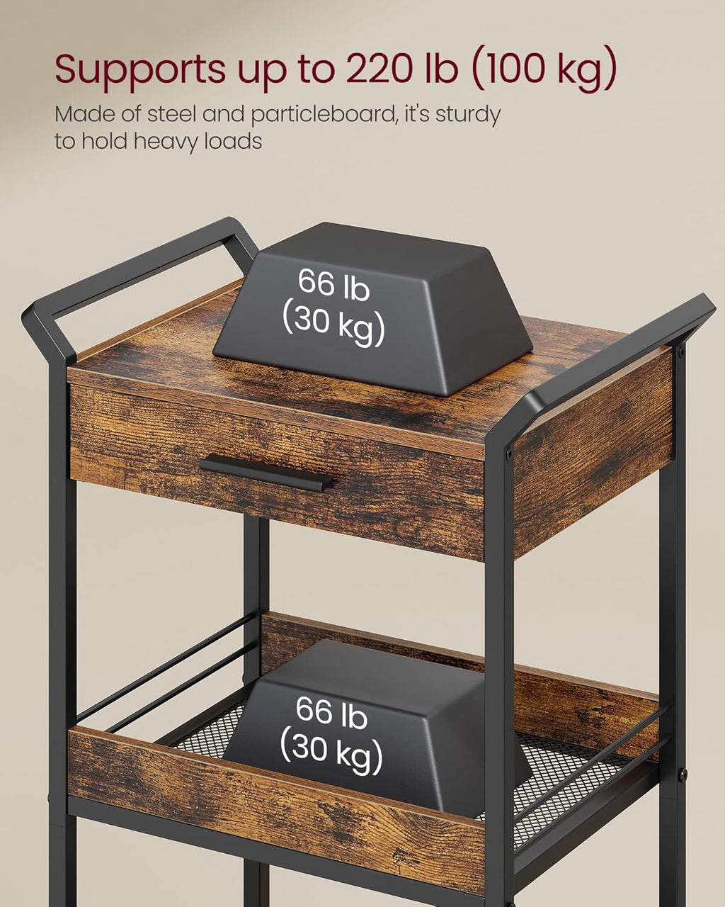 VASAGLE Storage Cart, 3-Tier Rolling Utility Cart with Table Top, Handles, 4 Lockable Casters, Top Drawer, Mesh Shelves, for Kitchen, Bathroom, Bedroom, Rustic Brown and Ink Black ULRC048K01