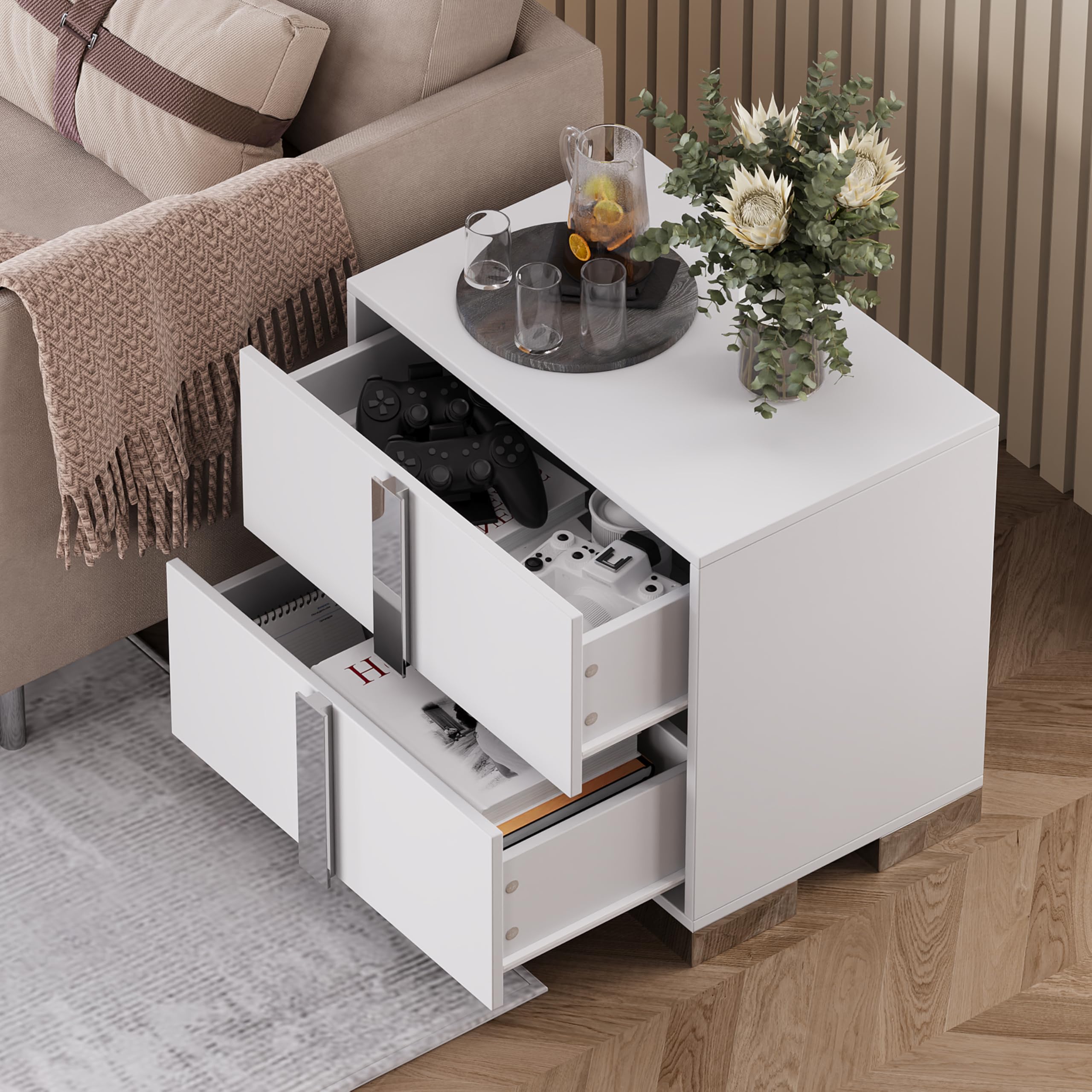 Linique Modern Nightstand with Metal Handle and Base, 2 Drawers Bed Side Table, Wooden End Table for Living Room, Grey
