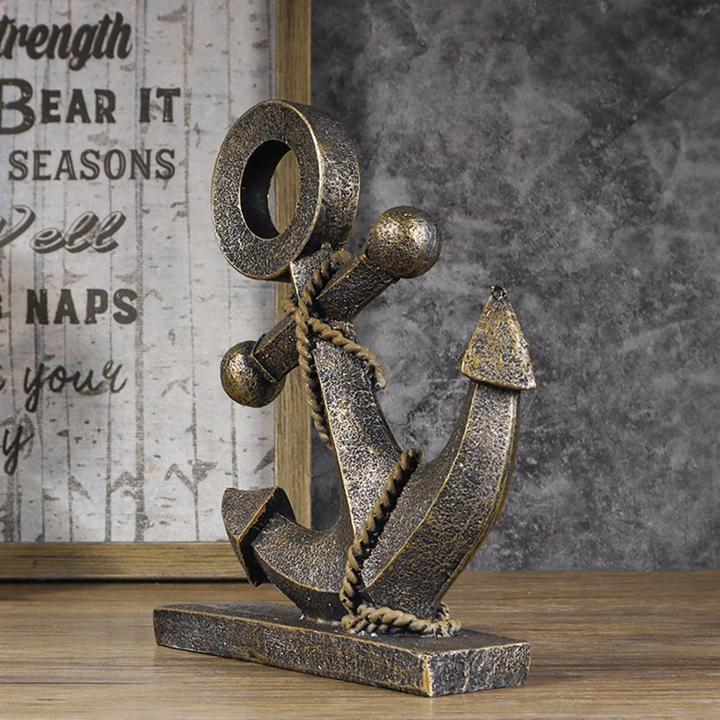 Anchor Sculpture Coastal Decor Nautical Boat Statue Art Ship Theme Retro Style Home Office Desktop Shelf Decoration Crafts Resin Ornament (Golden)