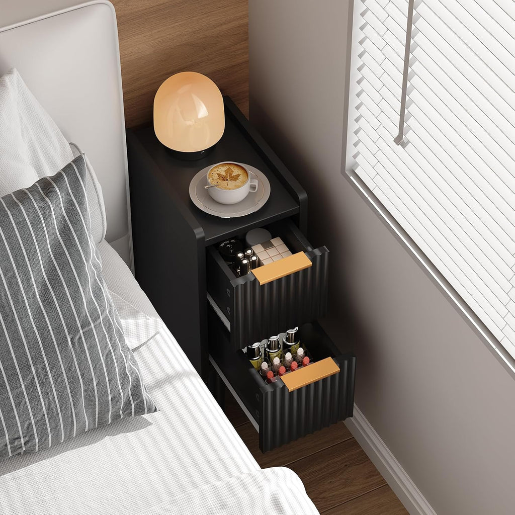 ELYKEN 7.9" Narrow Side Table, 20.6" H Fluted Nightstand with Drawers, Wooden Small End Table for Small Spaces, Modern Skinny Bedside Table, Slim Nightstand for Bedroom, Black