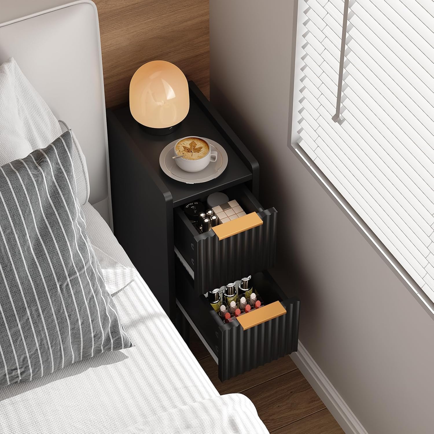 ELYKEN 7.9" Narrow Side Table, 20.6" H Fluted Nightstand with Drawers, Wooden Small End Table for Small Spaces, Modern Skinny Bedside Table, Slim Nightstand for Bedroom, Black