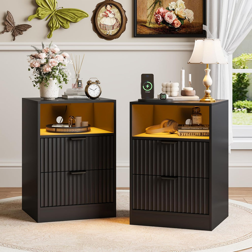 2-Pack Black Fluted Nightstand, LED Side Table with Charging Station for Bedroom