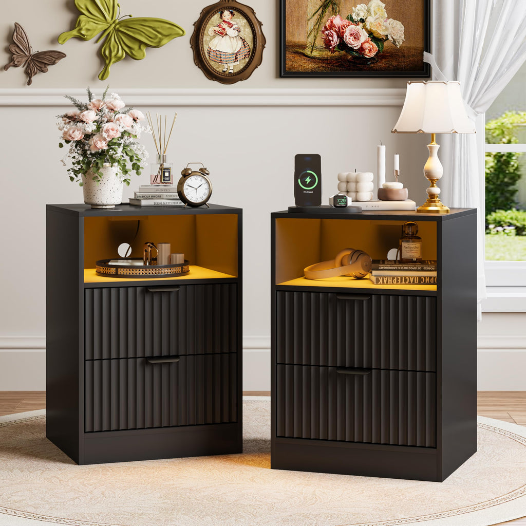 2-Pack Black Fluted Nightstand, LED Side Table with Charging Station for Bedroom