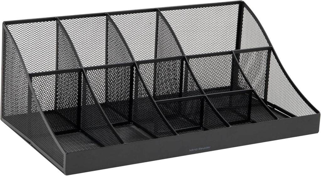 Mind Reader Countertop Organizer, 2 Tier Mesh Storage Caddy with 11 Compartments for Office Supplies, Breakroom Essentials, and Snacks