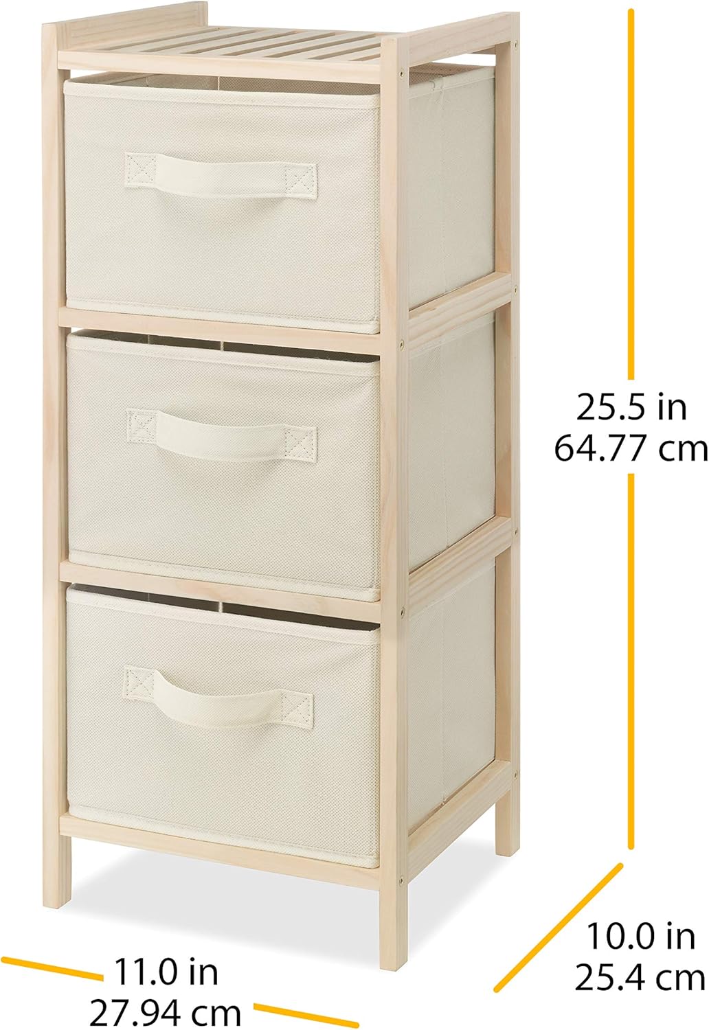Whitmor 3 Drawer Wood Chest Organizer, Natural Pine Storage with Pull Out Fabric Bins, Easy Assembly, Compact Design for Bedroom Closet Nursery, 11.0"L x 10.0"W x 25.5"H