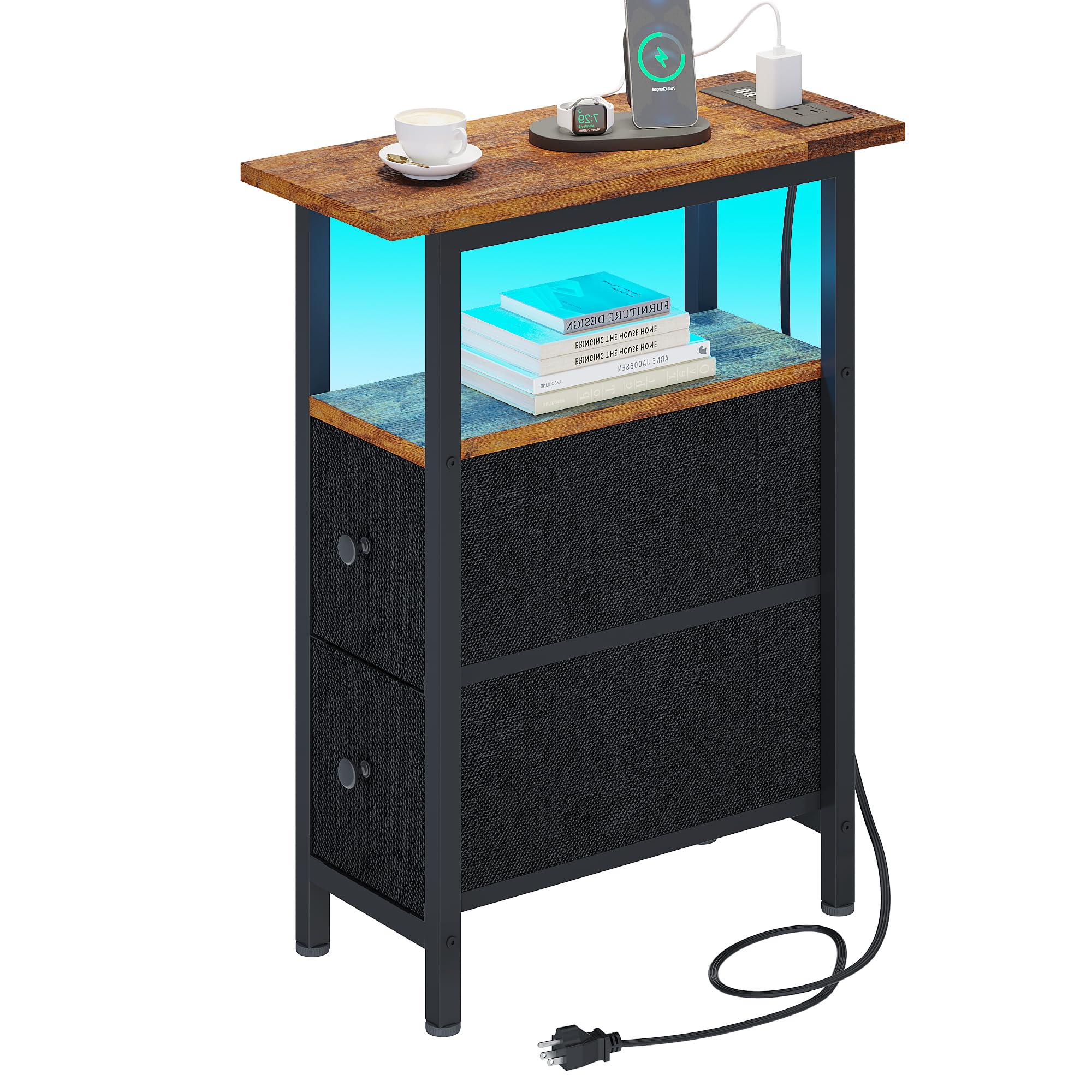 TRIFEBLE End Table with Charging Station, Narrow Side Table with 2 Fabric Drawers, Skinny Nightstand with LED Light, Slim Bedside Table for Bedroom, Living Room, Small Spaces, White
