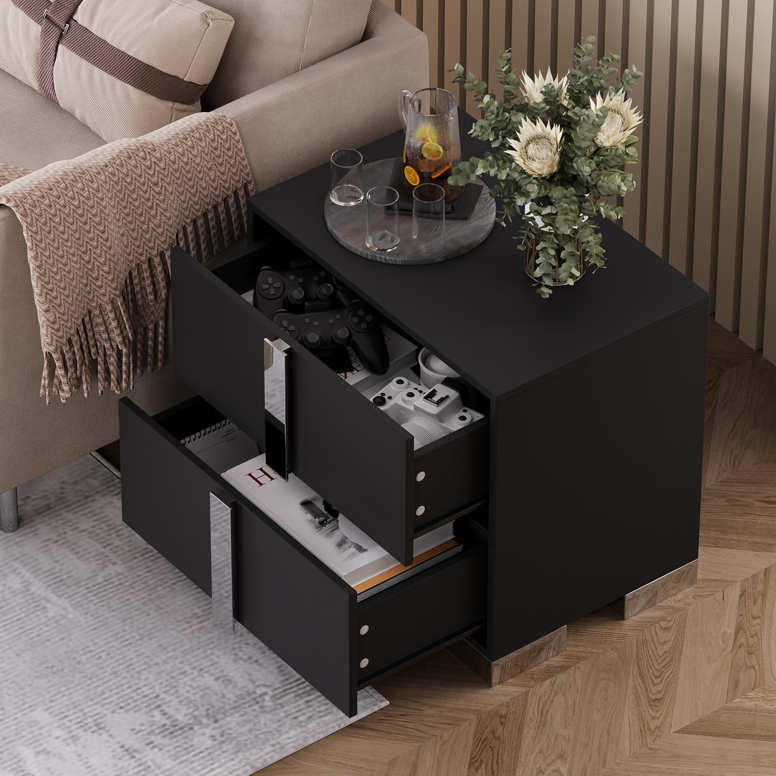 Linique Modern Nightstand with Metal Handle and Base, 2 Drawers Bed Side Table, Wooden End Table for Living Room, Grey