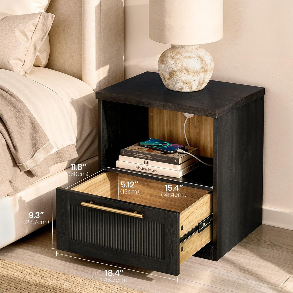 ModernMate Set of 2 Nightstands, 18.5" Modular Bedside Tables with Soft-Close Drawer and Open Shelf, Modern Accent End Side Tables for Living Room, Bedroom, Black