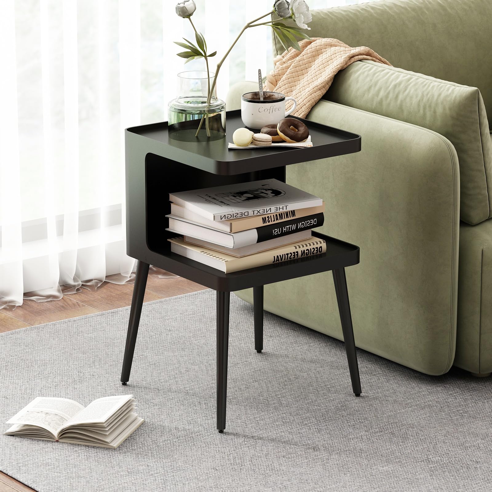 2-Tier Black Metal Side Table, Square Accent Nightstand for Bedroom Living Room