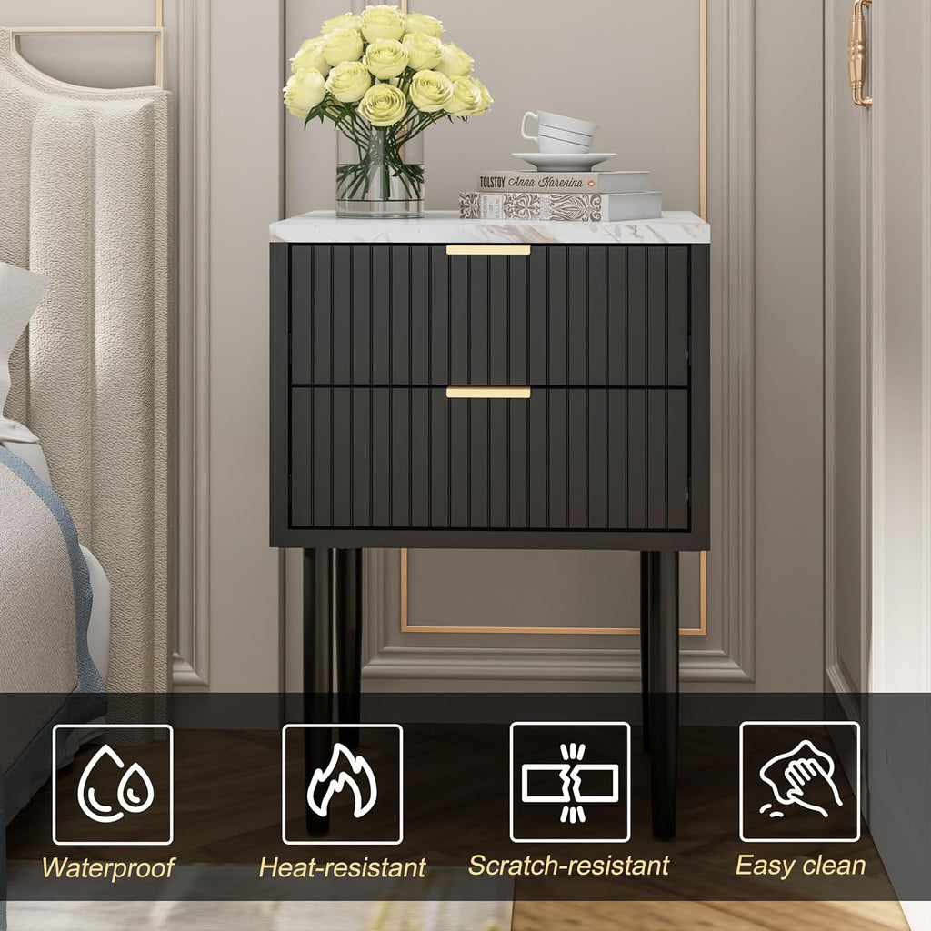 UEV Black Nightstand Set of 2 for Bedroom,Modern Two Drawers Nightstand with Gold Handles & Faux Marble Top,Tall Accent Side Table