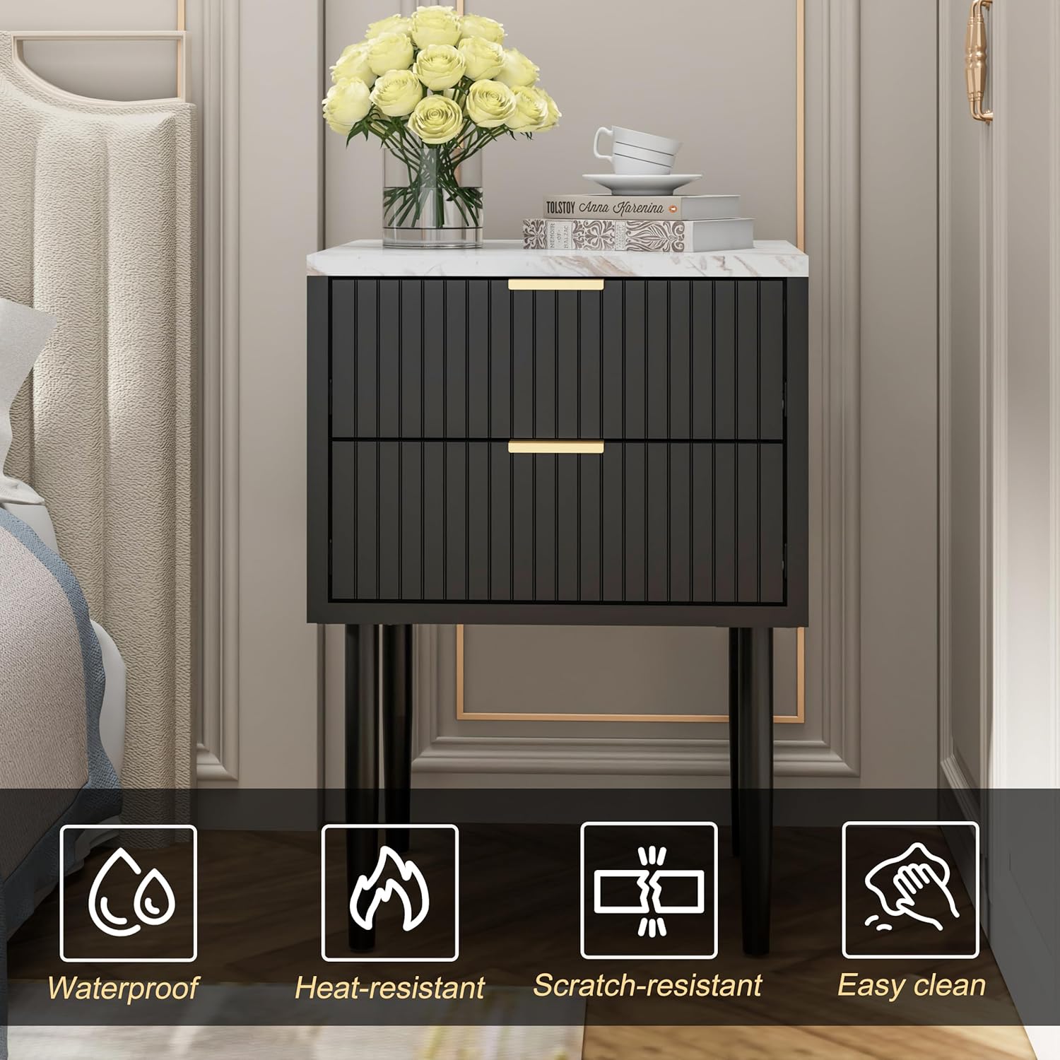 UEV Black Nightstand Set of 2 for Bedroom,Modern Two Drawers Nightstand with Gold Handles & Faux Marble Top,Tall Accent Side Table