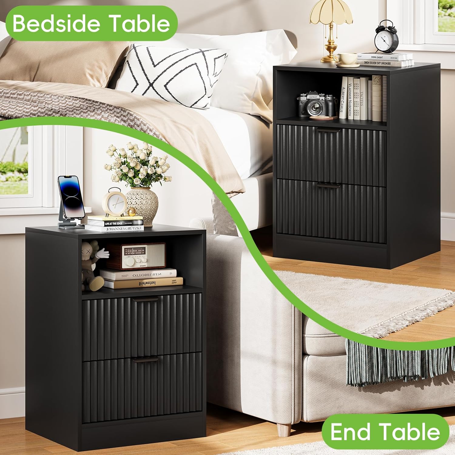 2-Pack Black Fluted Nightstand, LED Side Table with Charging Station for Bedroom