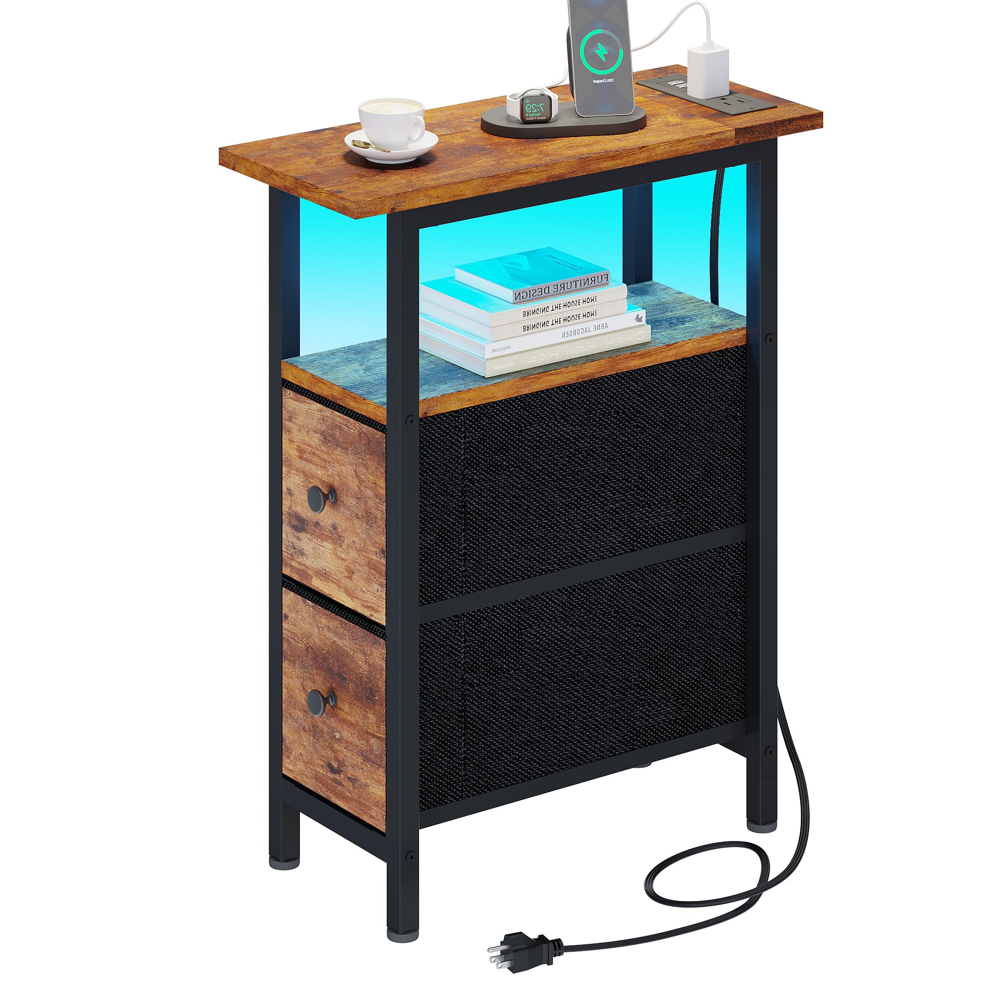 TRIFEBLE End Table with Charging Station, Narrow Side Table with 2 Fabric Drawers, Skinny Nightstand with LED Light, Slim Bedside Table for Bedroom, Living Room, Small Spaces, White