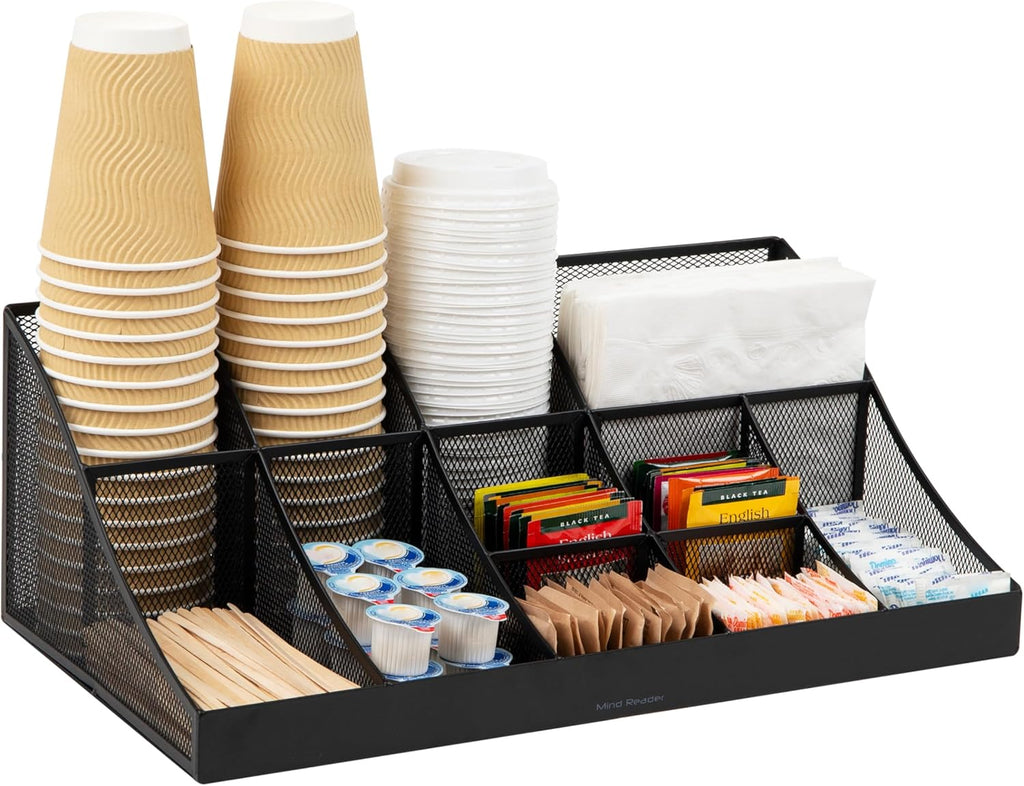 Mind Reader Countertop Organizer, 2 Tier Mesh Storage Caddy with 11 Compartments for Office Supplies, Breakroom Essentials, and Snacks