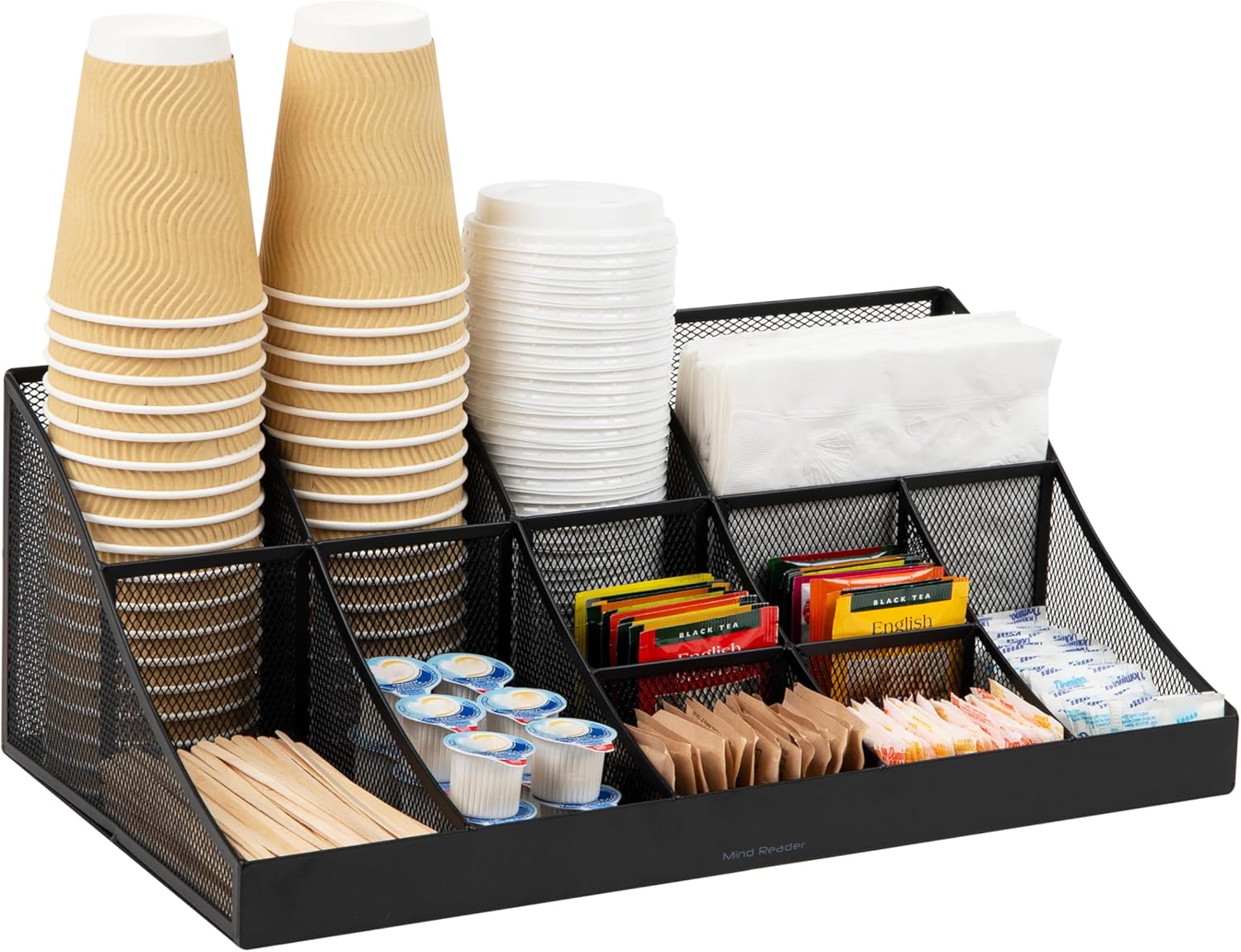 Mind Reader Countertop Organizer, 2 Tier Mesh Storage Caddy with 11 Compartments for Office Supplies, Breakroom Essentials, and Snacks
